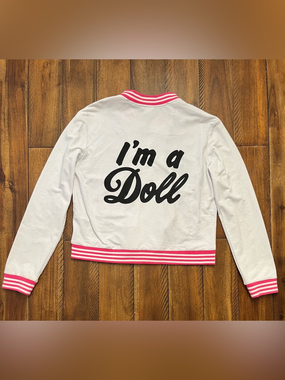 Barbie White Varsity Jacket with Pink Trim and Black Lettering - Picture 6 of 12